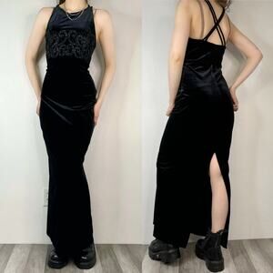 Vintage 90s Black Velvet Maxi Prom Formal Dress Gothic High Neck Whimsigoth